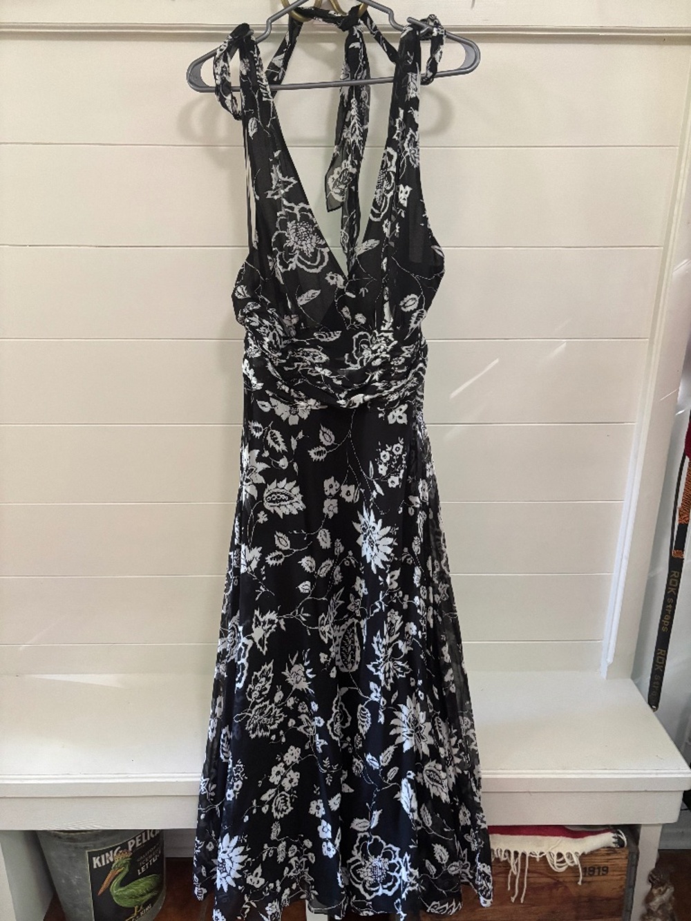 Black and white floral tie-neck dress